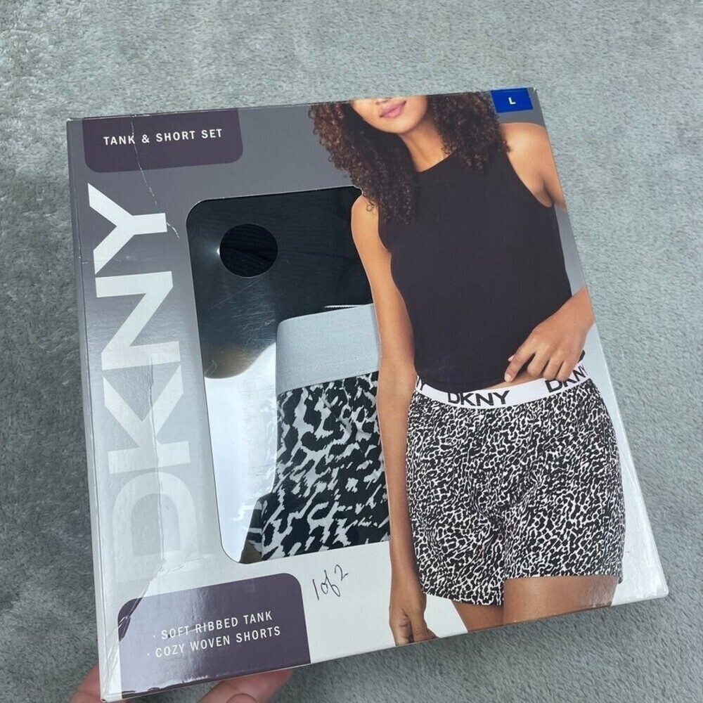 DKNY Womens Tank & Short Set Large Black & Leopard Print d0251